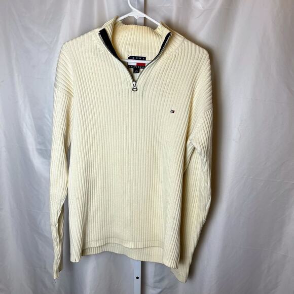 VTG Tommy Hilfiger Men’s L Quarter Zip Rib Knit Sweater White Flag Logo 90s Y2K - Picture 1 of 5